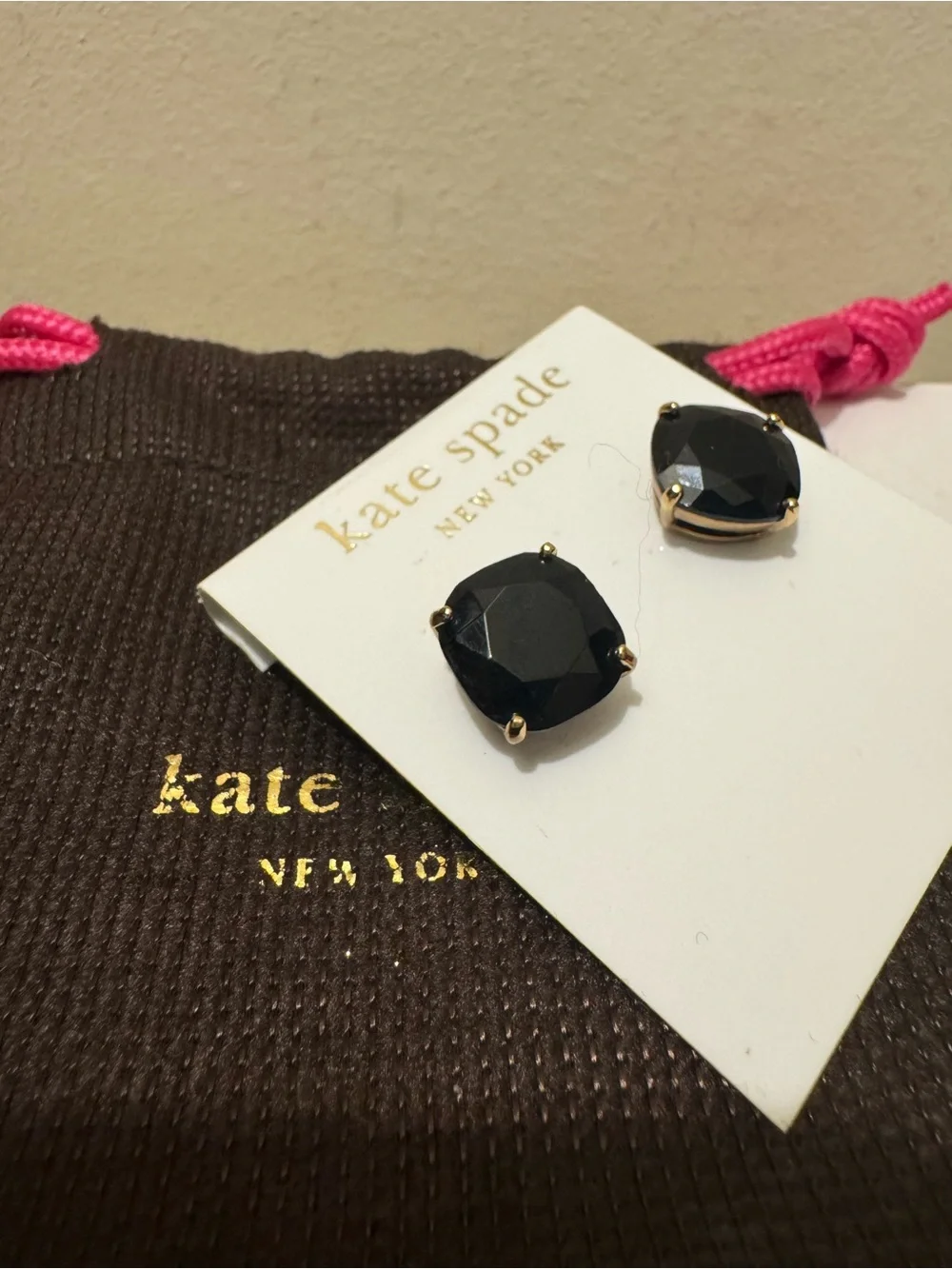 NWT Kate Spade Jet Black Small Square Stud Earrings & Gift Pouch